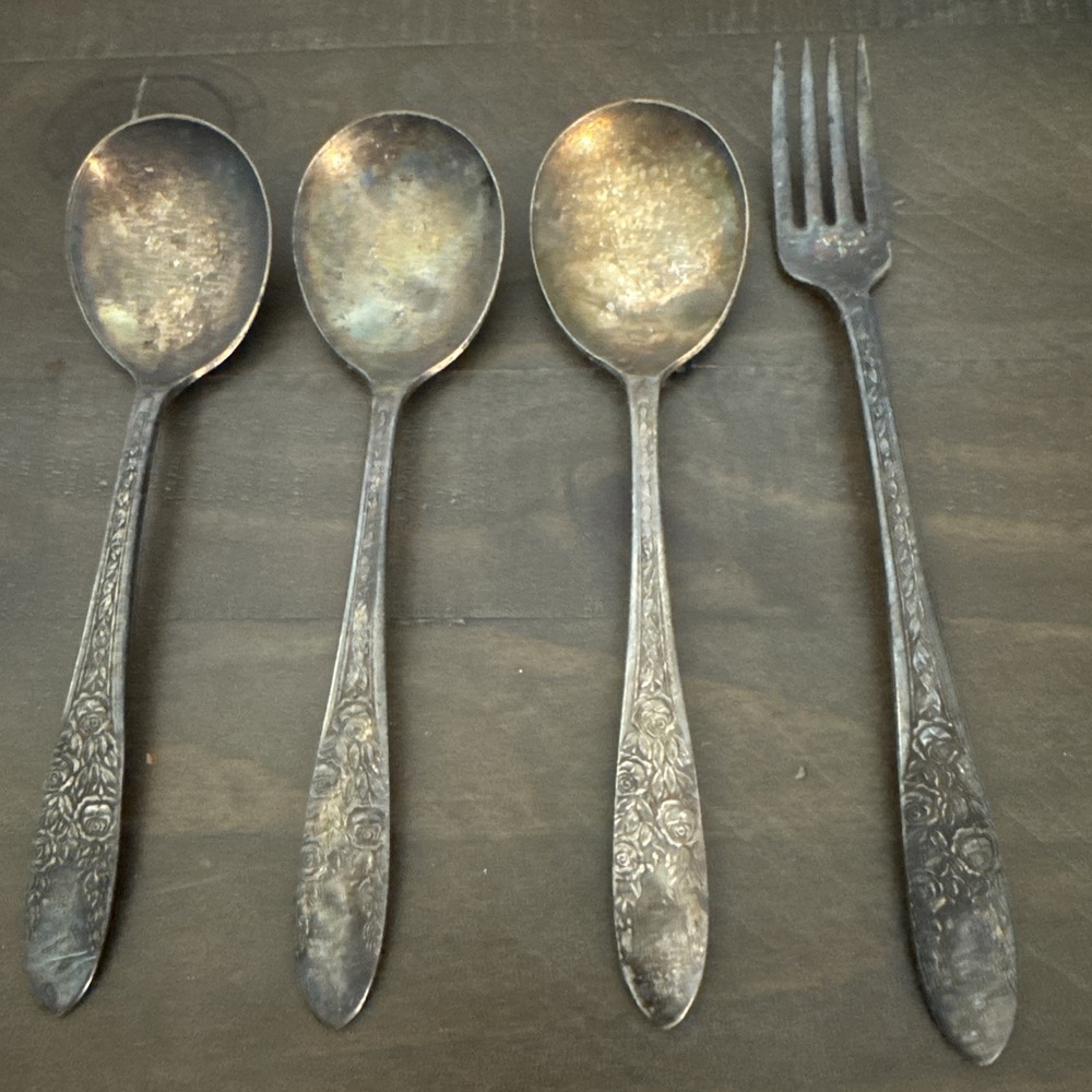 National Stainless 1970s "Rose and Leaf" Silverware Flatware 4 PCs  silverplate